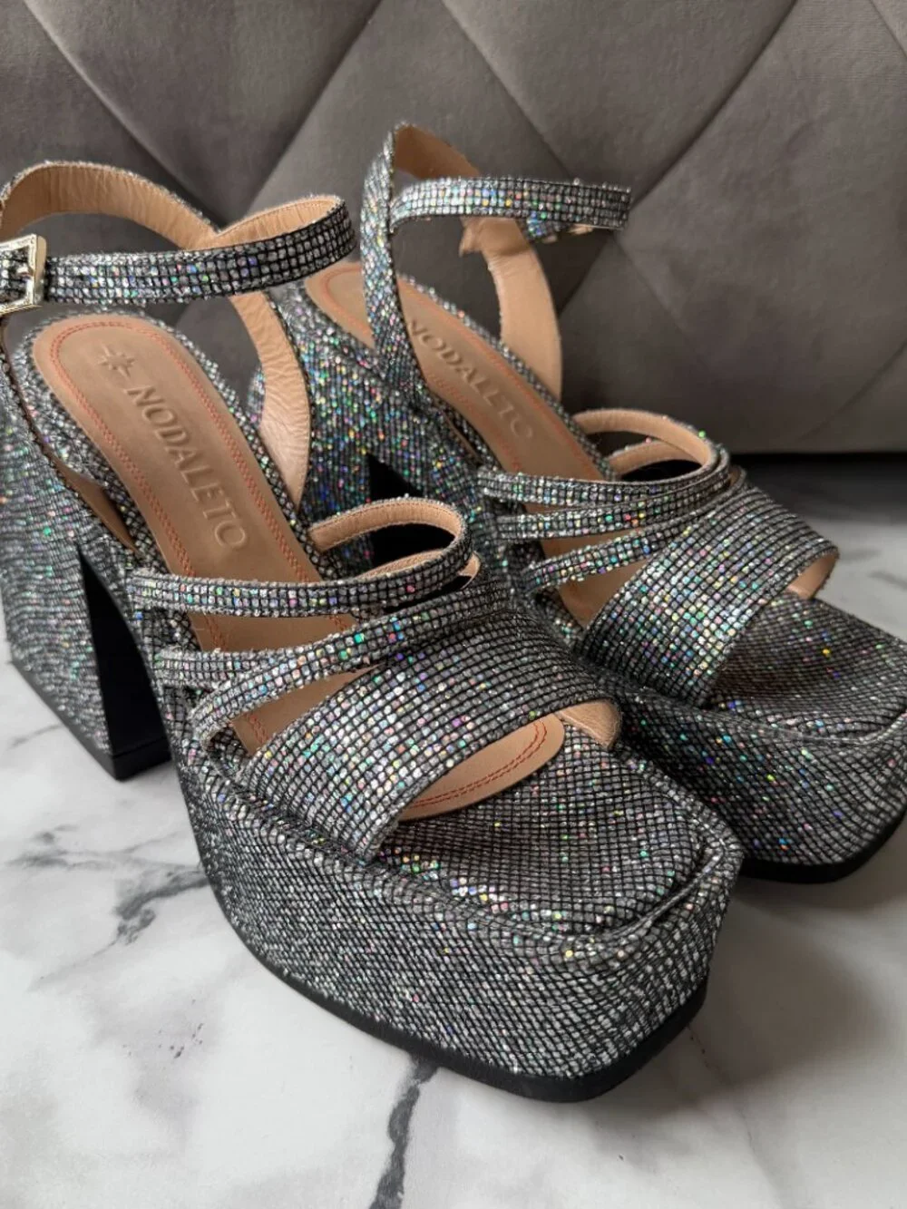Nodaleto Bulla Chibi Silver Glitter Platform Sandals Size EU 38